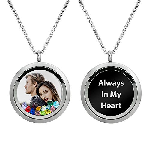Personalized Color Photo Laser Engraved Text Message Floating Locket Crystals Pendant Necklace Handmade f/Birthday Anniversary Christmas Valentine Day Gift - color: Rainbow - Color Photo Printing + Message Engraving