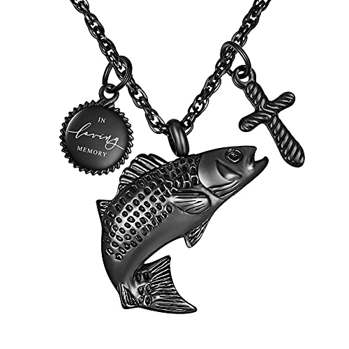 XIUDA Fish Urn Cremation Necklace for Ashes Urn Necklaces for Human Ashes In Loving Memory of Dad Fishing Locket Ashes Holder Keepsake Cremation Memorial Pendant Jewelry - color: t-black