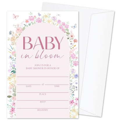 Baby in Bloom Baby Shower Invitations for Girls Boys, Floral Baby Announcement Invite Cards, 25 Set of Fill-in Baby Shower Invites with Envelopes, Gender Reveal Party Supplies -B06 - color: Floral-01