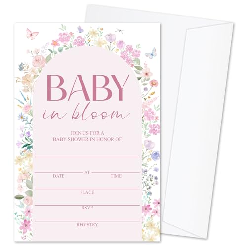 Baby in Bloom Baby Shower Invitations for Girls Boys, Floral Baby Announcement Invite Cards, 25 Set of Fill-in Baby Shower Invites with Envelopes, Gender Reveal Party Supplies -B06 - color: Floral-01