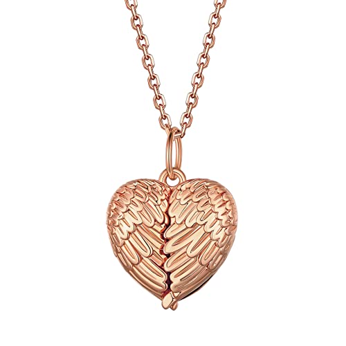 Bestyle Sterling Silver Heart Locket Necklace for Women, Dainty Cute Small Heart Locket Pendant in Gold/Rose Gold/Silver, Love Statement Jewelry Gift for Mother Wife - color: D1. Angel Wing-Rose Gold-Locket Only, NO Custom