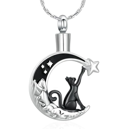 constantlife Cat Moon Urn Necklace for Women Pet Cremation Jewelry for Ashes Stainless Steel Pendant Funeral Keepsake Loved Ones Memorial Gift - color: Star-Black