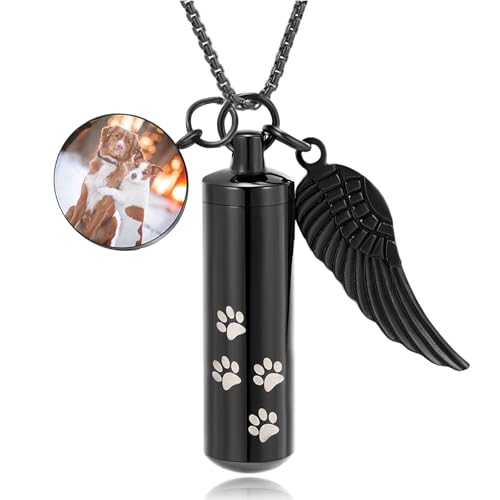 Cylinder Cremation Jewelry Urn Necklace Pet Ashes Pet Paw Memorial Ashes Necklace with Angel Wing for Dog/Cat Keepsake Jewelry for Men Women - color: Customize
