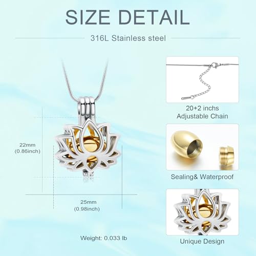Cremation Jewelry Lotus Flower Urn Necklaces for Ashes Stainless Stell Memorial Ash Pendant Necklaces with Mini Urn Keepsake Ash Jewelry for Men Women Gifts with Funnel Filler Kit - color: Silver-Gold