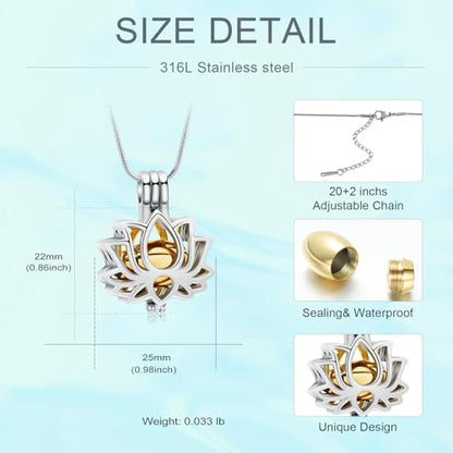 Cremation Jewelry Lotus Flower Urn Necklaces for Ashes Stainless Stell Memorial Ash Pendant Necklaces with Mini Urn Keepsake Ash Jewelry for Men Women Gifts with Funnel Filler Kit - color: Silver-Gold