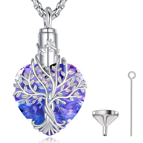 EUDORA Sterling Silver Urn Necklace for Ashes for Women Men, Ash Pendant for Human Cat Dog Ashes, Necklace for Ashes of Loved One Dad Mom Papa Pet Cremation Souvenir Jewelry for Funeral, 20inch - color: D3-Tree of Life and Purple Austrian Crystal