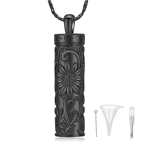 Sunflower Urn Necklace for Ashes Cylinder Bar Necklace for Ashes for Women Pendant Keepsake for Ashes Memory Cremation Jewelry Sunflower Celtic Necklace Jewelry for Women - color: Black