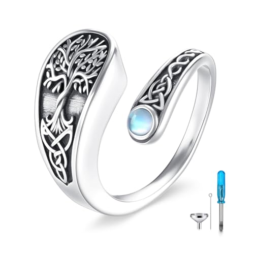 Tree of Life Urn Ring for Ashes 925 Sterling Silver Celtic Knot Moonstone Adjustable Spoon Open Ring Tree of Life Cremation Memorial Keepsake Jewelry Gift for Women