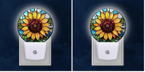 Round LED Night Lights Lamp with Dusk to Dawn Sensor, Yellow Sunflower in The Center Night Light Plug Into Wall for Kids Room, Bedroom, Bathroom, Kitchen, Hallway (Pack of 2) - color: Yellow Sunflower in The Center, size: Small (Pack of 2)