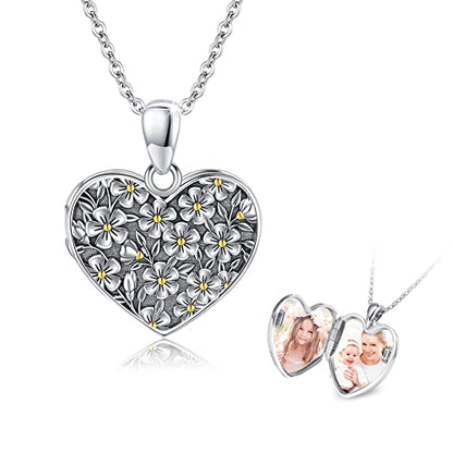 TUGHRA Mother's Day Gifts Gold Locket Necklaces for Women, 925 Sterling Silver Heart Photo Lockets Memorial Keepsake Jewelry Gift for Mom, Wife, Daughter - style: 0976-Daisy