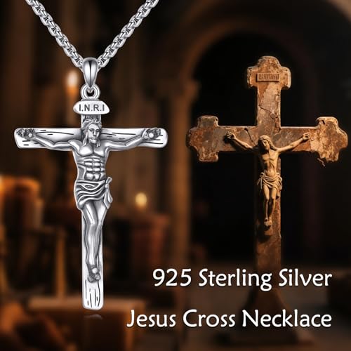 925 Sterling Silver Cross Necklace for Men & Women Crucifix Jesus/Cross Pendant with 22"+2" Stainless Steel Chain Jewelry Gift for Christmas, Father's Day, Mother's Day, Birthday-Gift Box Included - style: B03 Crucifix