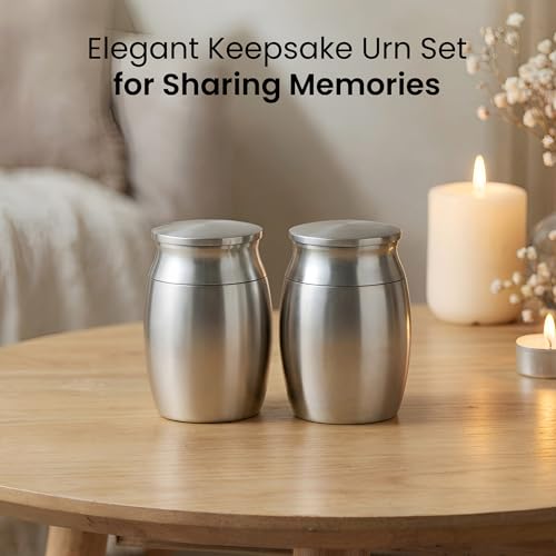 Stainless Steel Silver Urn for Ashes Adult Male & Female, Cremation urns for Human Ashes Man & Women, Set of 5 Includes 1 Large Urn, 2 Keepsakes & 1 Silver & Black Cross Necklace - color: Stainless Steel Urn - Companion Set