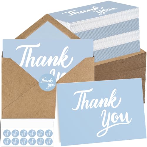 600 Pcs Light Blue Thank You Cards Bulk with Kraft Envelopes and Stickers 4x6 Inch Blank Thank You Notes Box Set Minimalistic Design for Business Wedding Baby Shower Graduation Bridal Shower Birthday - color: Light Blue