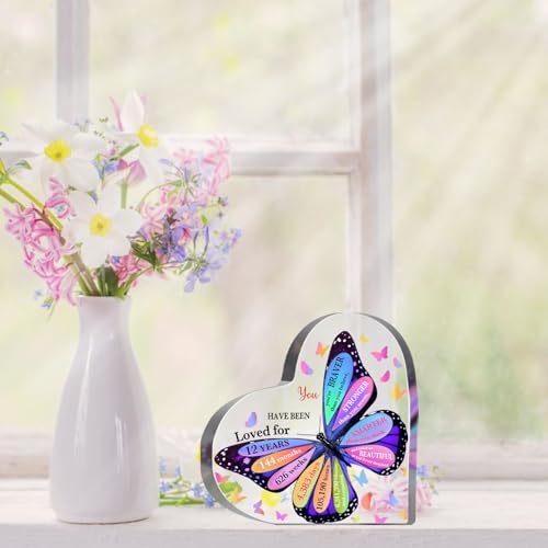 12th Birthday Acrylic Sign, 12 Year Old Girl Birthday Gifts, Inspirational Butterfly Keepsake Sign for Girls Boys, Happy 12 Birthday Gifts Idea for Daughter Girls, Table Desk for Home - style: 12th Birthday