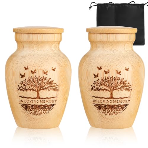 Small Urns for Human Ashes Keepsake Set of 2, Handcrafted Bamboo, Mini Cremation Keepsake Urn for Funeral Memorial or Home Decorative, 2" W x 3" H