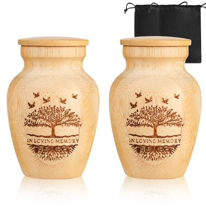 Small Urns for Human Ashes Keepsake Set of 2, Handcrafted Bamboo, Mini Cremation Keepsake Urn for Funeral Memorial or Home Decorative, 2" W x 3" H