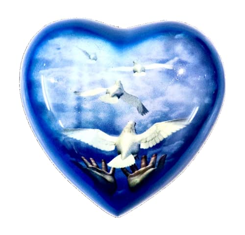Heart Urn for Sacred Ashes Adult Male Female | Funeral Gift Pack of Dove Painted Small Heart Urn, Display Stand, Velvet Carry Bag, a Paper Funnel with Magnetic Closure Gift Box - color: Blue White-dove-heart