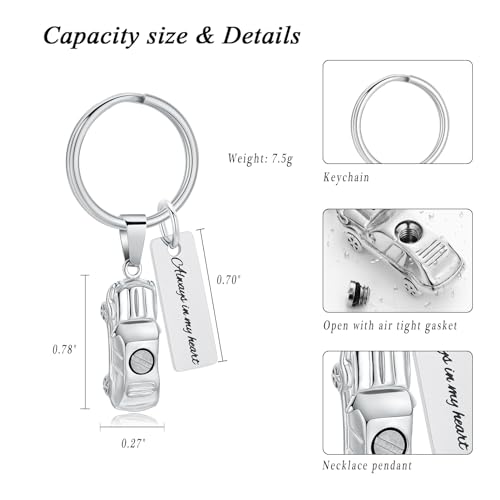 XSMZB Mini Car Cremation Jewelry Memorial Urn Necklace for Ashes Stainless Steel Pendant Human Pet Ashes Holder Keepsake Gift for Men Women - color: Silver Keychain