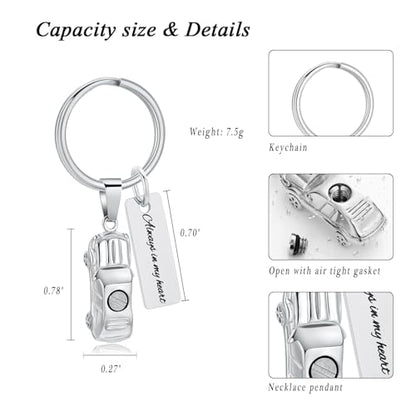 XSMZB Mini Car Cremation Jewelry Memorial Urn Necklace for Ashes Stainless Steel Pendant Human Pet Ashes Holder Keepsake Gift for Men Women - color: Silver Keychain