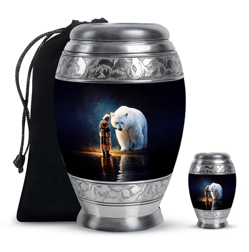 Native American Large Urns for Human Ashes for Woman - Deer Memorial Urn for Brother and Sister 3 Inch & 10 Inch Set - Black Burial Urns for Human Ashes for Mother - Blue Cremation Urn for Adults Men - color: Native American-1, size: combo-1