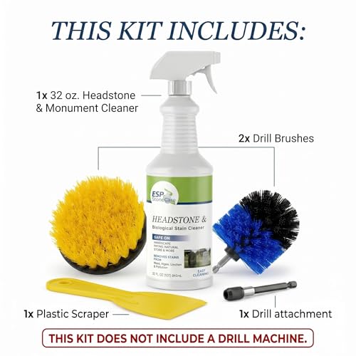 Headstone Cleaner Kit for Grave Cleaning - 1 Quart Spray Solution - Includes Drill Brushes - Ideal for Cleaning Headstones, Tombstones, and Memorials