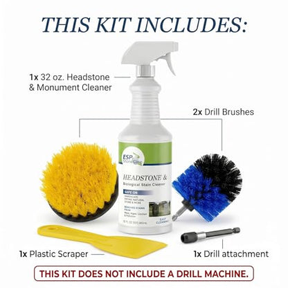 Headstone Cleaner Kit for Grave Cleaning - 1 Quart Spray Solution - Includes Drill Brushes - Ideal for Cleaning Headstones, Tombstones, and Memorials