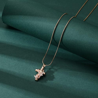 Butterfly Cross Cremation Jewelry Urn Necklaces Stainless Steel Cross Urn Necklaces for Ashes Memorial Keepsake Pendant for Women Gifts With Funnel Kit & Bag - color: Rose+White