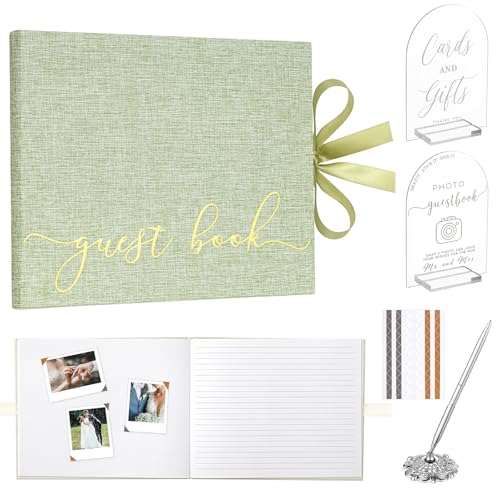 Engrowtic Linen Sage Green Wedding Guest Book Set with Acrylic Sign, Photo Corners & Pen, Hardcover 50 Pages Guestbook for Wedding Reception, Bridal Shower Keepsake Album - color: Sage Green