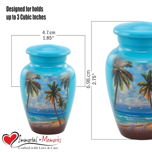 Paradise Beach Keepsake Urn - Hand Painted Miniature Palm Trees Urn with Premium Case & Bag - size: Miniature