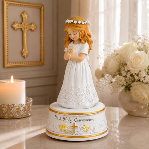 AIDLNS First Holy Communion Gifts for Girls, Plays The Lord's Prayer, Catholic Music Box Keepsake, Hand-Painted Resin White Dress Girl Figurine, Religious Collectible Decor