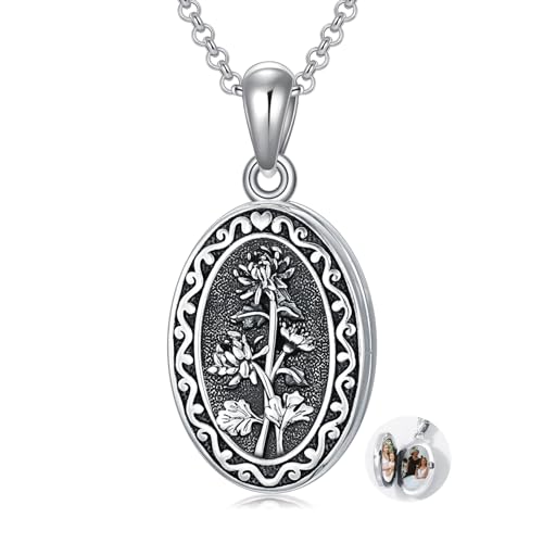 Birth Flower Photo Locket Necklace 925 Sterling Silver 12 Month Locket Necklace with Picture Birth Flower Photo Jewelry Gifts for Women Mother Mom Daughter - color: 11-November-Chrysanthemum, style: 1.no custom