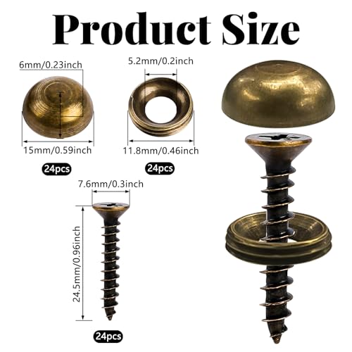 24Pcs Decorative Screws Brass Upholstery Screws with Caps, Decorative Bronze Screw for Wood, Mirror, Cabinet Door, Windows, Furniture Fixing, 15mm