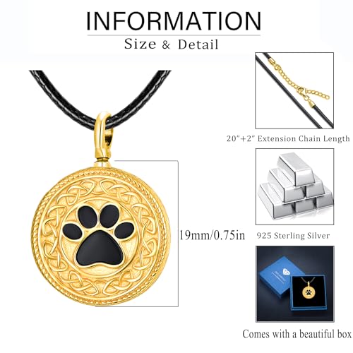 Dreamboat Pet Urn Necklace for Dog Cat Ashes 925 Sterling Silver Paw Print Cremation Keepsake Pendant Celtic Knot Memorial Jewelry Gifts for Women Men - style: 01D-Round (Gold Personalized)