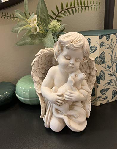 KiaoTime Angel with Dog Statue Pet Dog Memorial Statue Indoor Outdoor Home Garden Guardian Rememberance Dog Puppy Figurine, 7-in