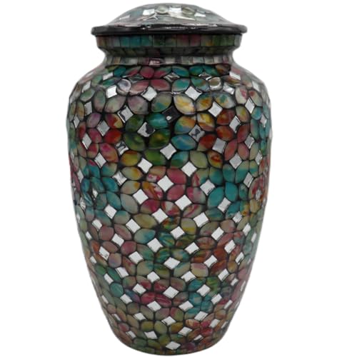 Mosaic Glass Cremation Urn - Hand Made Funeral Urn for Human Ashes - Large Adult Size Burial Urn - Hand Applied Individual Tiles Create a one of a Kind Work of Art - 200 cu in (Multicolor) - color: Multicolor
