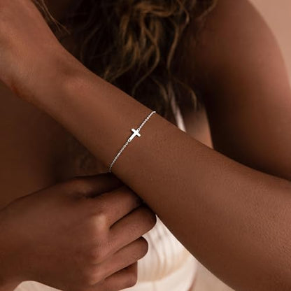 Moodear Cross Bracelet for Women, Dainty Sterling Silver/Gold Plated Gift | Christian Religious Gifts for Teen, Stocking Stuffers, Adjustable Link Bracelets, Sparkling CZ Cross, Non Tarnish Jewelry - color: Sterling Silver Cross Bracelet