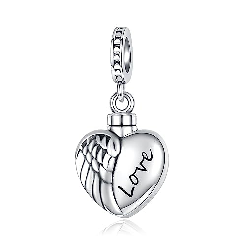 Sterling Silver Cremation Urn Bead Charm for Ashes - S925 Holds Ash Keepsake Pendant Family Tree of Life Memorial Jewelry Gifts for Women Loss Loved One - color: Heart Wing
