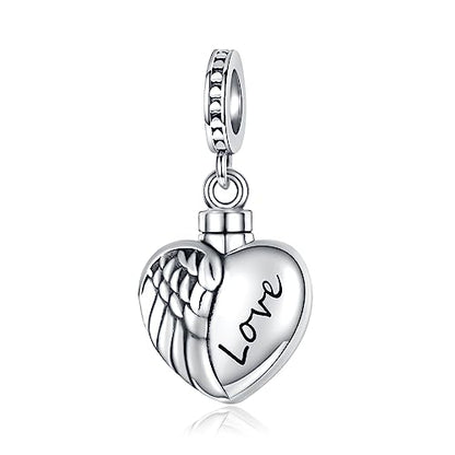 Sterling Silver Cremation Urn Bead Charm for Ashes - S925 Holds Ash Keepsake Pendant Family Tree of Life Memorial Jewelry Gifts for Women Loss Loved One - color: Heart Wing
