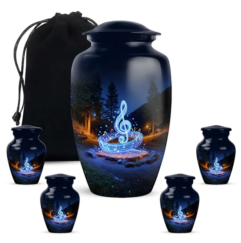 Yatskia Blue Music Little Funeral Keepsake Urn for Ashes Adult Men and Women, Large Memorial Burial Urns for Human Ashes Adult Female, (Classic 10 Inch and 3 Inch) - color: #2 Music, size: Combo Pack of 5