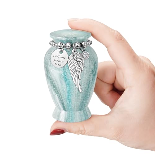 Memorials Small Urns for Human Ashes Keepsake Aluminum Mini Urns for Ashes with Angel Wing Charm Decorative Burial Urn Funeral Cremation Urns for Women and Men (Light Green)
