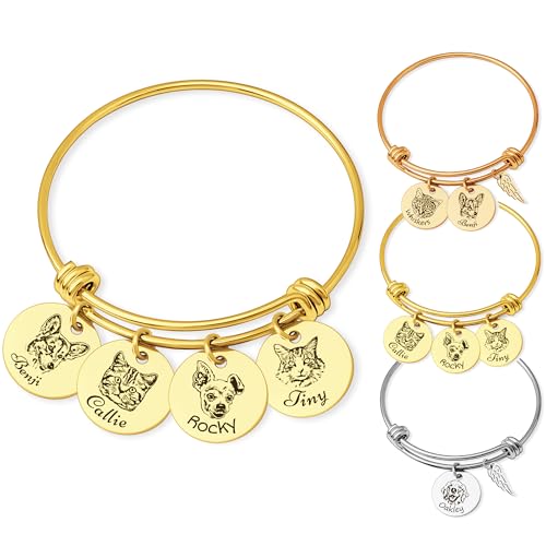 Anavia 1/2/3/4 Disc Pet Portrait Bangle Bracelet, Personalized Pet Memorial Expandable Charm Bracelet Jewelry Gift, Customized Round Disc Photo Engraved Dog Cat Bracelet for Animal Lovers - color: Gold, size: Large - 4 Disc