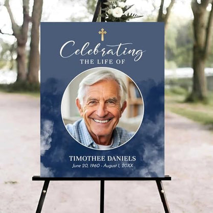 Celebration of Life Welcome Sign, Editable Navy Clouds Funeral Welcome Sign, in Loving Memory Sign, Celebration of Life Funeral Sign, Celebration of Life Sign, Funeral Photo Sign #Jg11 - color: Version #19