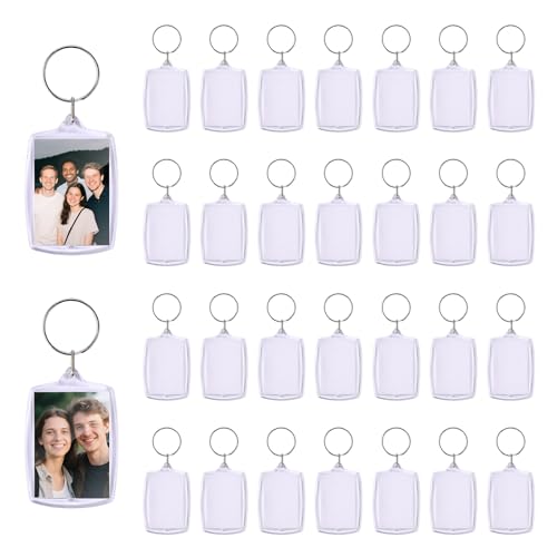 30pcs Pendant Picture Frame keychain, Clear Acrylic Photo Frame Keyring Holder, Make Your Own Personalized keychain Kit, Rectangle Blank Photo Insert Keychain for DIY Craft