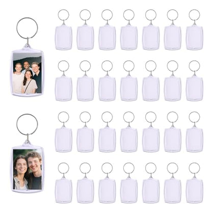 30pcs Pendant Picture Frame keychain, Clear Acrylic Photo Frame Keyring Holder, Make Your Own Personalized keychain Kit, Rectangle Blank Photo Insert Keychain for DIY Craft