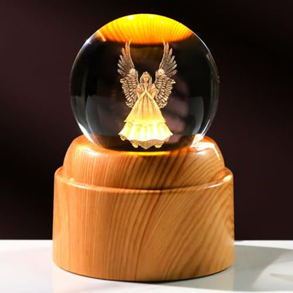Guardian Angel Gifts 2.36in 3D Engraved Angel Crystal Ball with Rotatable Warm Light Wood Base, Guardian Angel Figurines Memorial Gifts for Women Mom Friends - color: Angel
