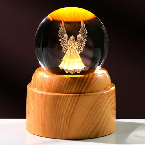 Guardian Angel Gifts 2.36in 3D Engraved Angel Crystal Ball with Rotatable Warm Light Wood Base, Guardian Angel Figurines Memorial Gifts for Women Mom Friends - color: Angel