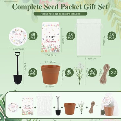 Aneco 48 Sets Baby Shower Party Favors Seed Packet for Guests Include Self Adhesive Seed Envelopes Organza Bags Flowerpot Cards Garden Shovel Flower Bouquet for Spring Shower Gifts(No Seeds) - style: Spring Flowers