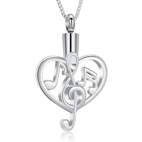 XSMZB Music Note Cremation Urn Necklace for Ashes of Loved One Heart Memorial Locket Hold Ashes Keepsake Pendant for Women Men - color: Silver