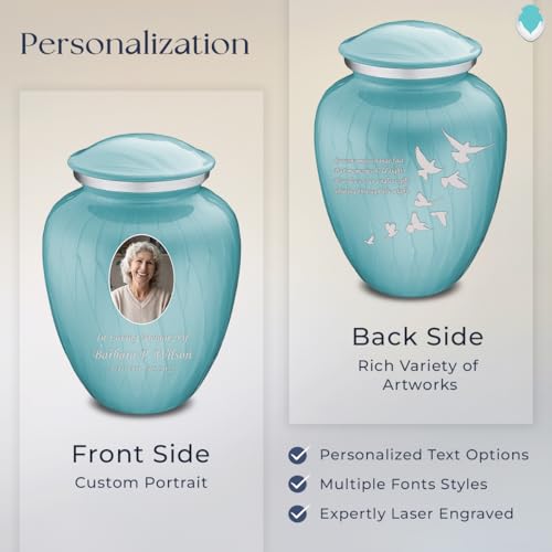 Geturns Embrace Adult Personalized Doves Cremation Urns for Human Ashes I Large Picture Pearl Light Blue Funeral Urn for Adult Men and Women with Double Side Engraving I 200 lbs - color: _Pearl Light Blue (Double Sided)