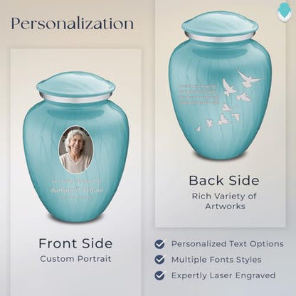 Geturns Embrace Adult Personalized Doves Cremation Urns for Human Ashes I Large Picture Pearl Light Blue Funeral Urn for Adult Men and Women with Double Side Engraving I 200 lbs - color: _Pearl Light Blue (Double Sided)